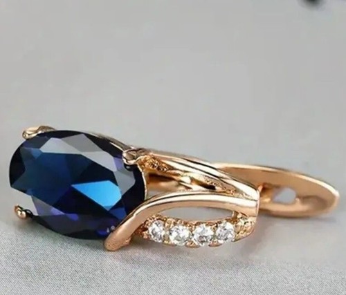 Amazing Simulated Sapphire & Moissanite Wedding Hoop Earrings In 10K Yellow Gold - Picture 3 of 5