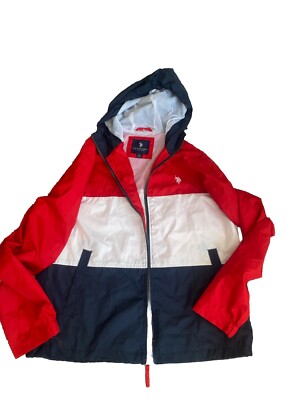 US Polo Assn Men's Blue White Red Hooded Full Zip Windbreaker Jacket Size M