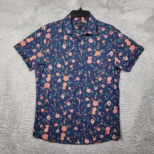 Marc Anthony Shirt Men Medium Blue Floral Luxury Slim Fit Button Up Short Sleeve