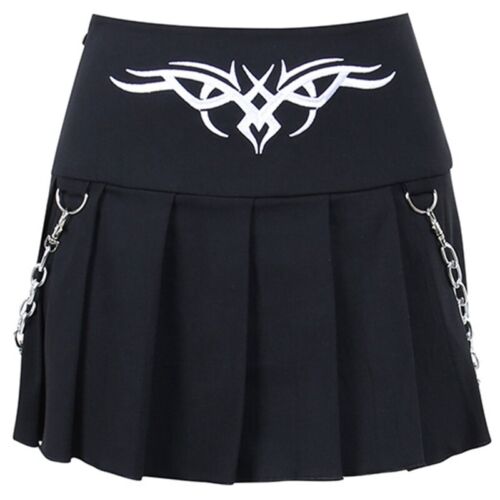 Women Gothic High Waist Totem Embroidery Metal Chain A-Line Pleated Mini Skirt - Picture 1 of 10