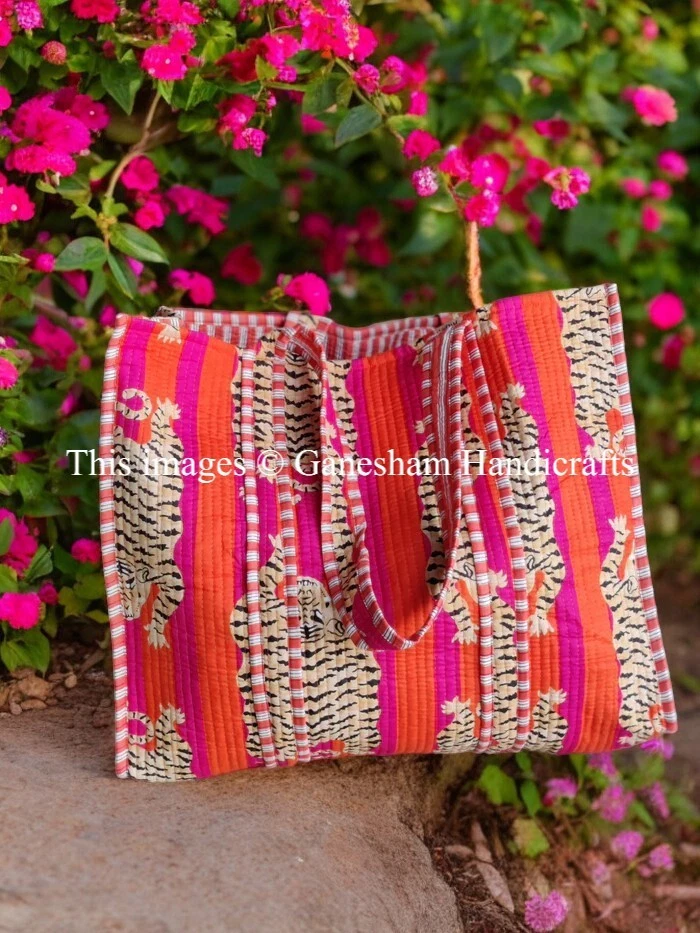 Индийская сумка с короткими ручками сумки выстеганная ручной работы хлопок блок большой наплечная сумка для покупок женщин - Изображение 2 из 3