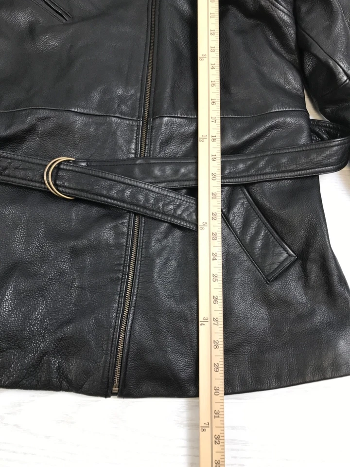 Vintage Tannery West Leather Jacket Womens L Black Belted Heavyweight Zip Up 90s - Image 4 of 4