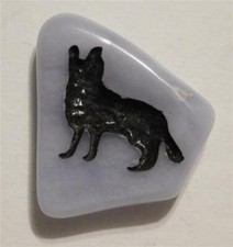 White Stone Black German Shepherd Engraved  Enameled Art "Good Luck Charm"
