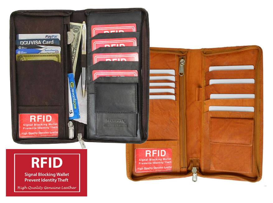 RFID-blocking leather travel organizer for passport boarding passes with zip closure  