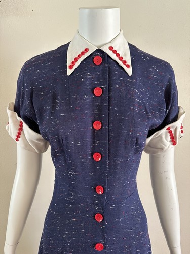 1950s Mode O Day Button Dress Dagger Collar Fleck Rockabilly Sailor Frock VTG - Picture 2 of 24