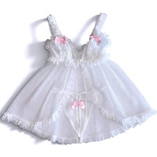 Vintage Risque White Fishnet Babydoll Lingerie Set Pink Bows Lace Trim Thong
