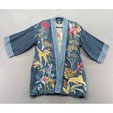 Johnny Was Workshop Denim Kimono Jacket Embroidered Safari Tiger Giraffe Small