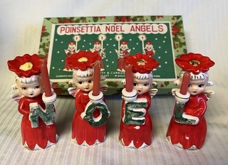 Vtg Commodore Poinsettia NOEL Angels Candle Holder Figurines Christmas Box As Is