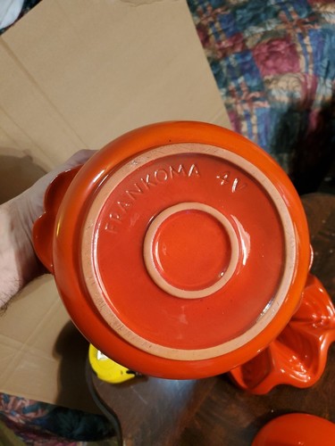 Vintage MCM Frankoma Flame Red Orange Bean/Fondu Pot, Lid, Votive Warmer 1960s - Picture 7 of 12