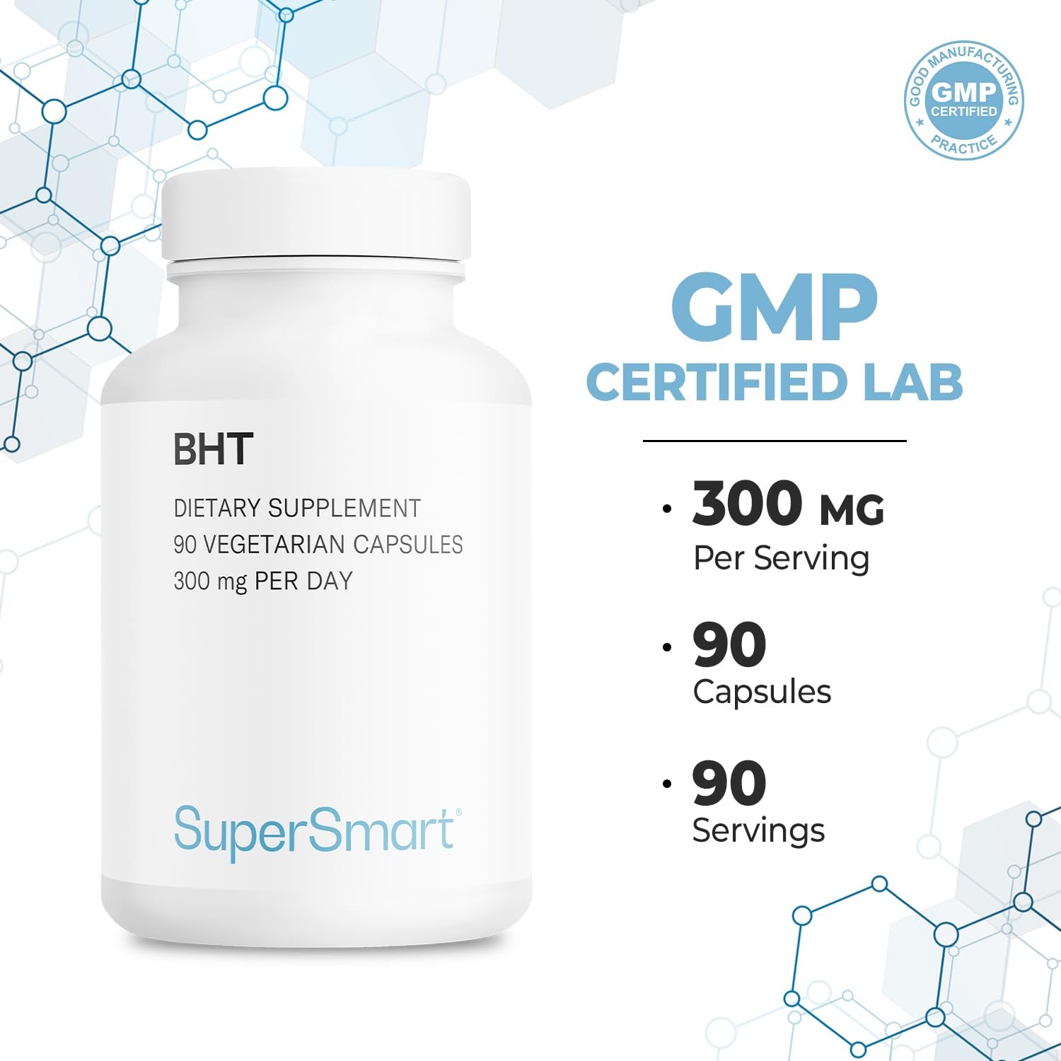 Supersmart - BHT Supplement 300mg per Day - Butylated Hydroxytoluene | Non-GM...