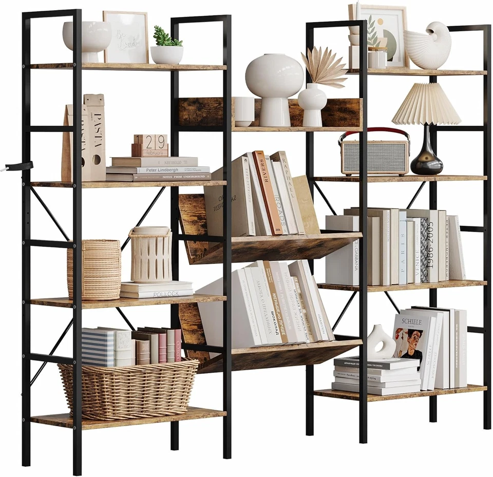 4-Tier Industrial Bookcase,Triple Wide Storage Bookshelf with Adjustable Shelves - Image 2 of 4