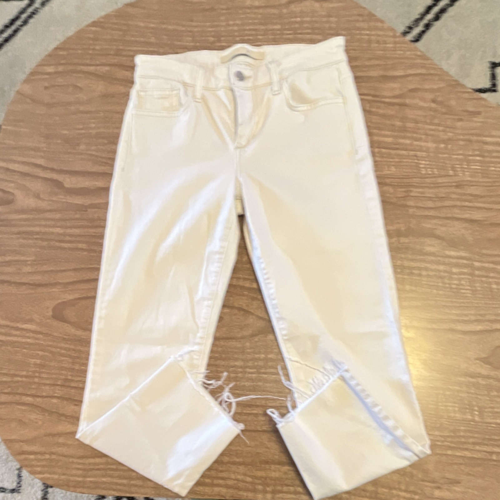 Straight Ankle Women's Jeans White Denim Button Zip Raw Hem 