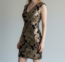 Guess Los Angeles Black And Gold Velvet Floral Sequin Sheath Womens Dress Size 2