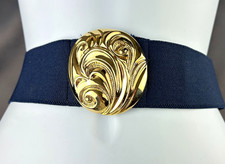 Vintage Blue Stretch Belt Swirl Gold Metal Buckle Clasp, OSFM