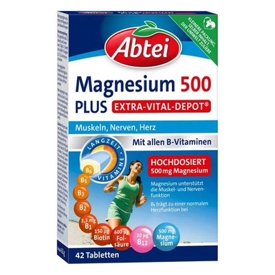 Abtei Magnesium 500 Plus Vital Depot hochdosiert mit allen B Vitaminen 42 Stück