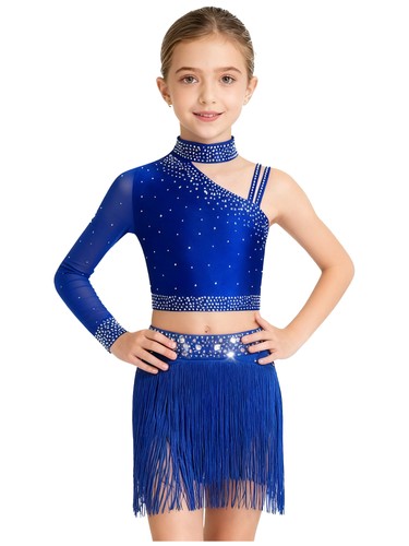 Kids Girls Costume Long Sleeve Dress Practice Outfits Crop Top Dancewear Shiny - Picture 17 of 68