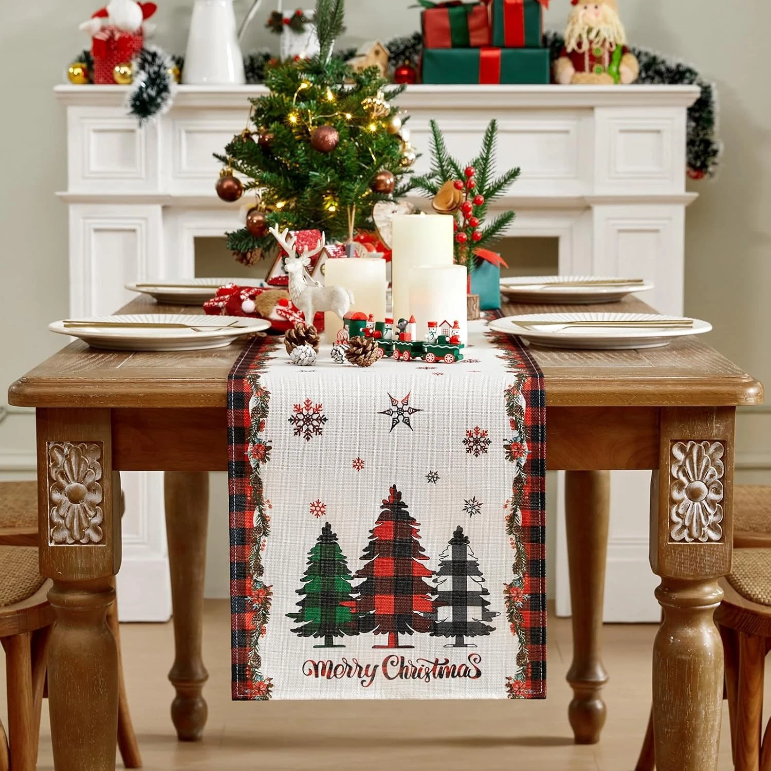 Christmas Table Runner - Xmas Tree Snowflakes Pine Needles Winter Holiday Decor