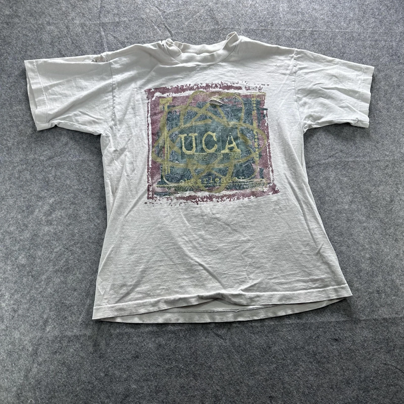 UCA Cheerleader Shirt Mens L SS White Graphic Tee Distressed Cheerleading Camp