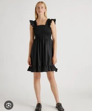 QUINCE Women's Smocked Mini Dress Ruffled Straps Black Organic Cotton Medium