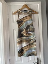 PrettyLittleThing Marble Print Mini Dress Size UK 8 Ribbed Abstract Bodycon PLT