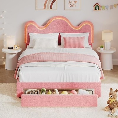 Platform Bed Frame Full Size LED Adjustable Headboard for Kids Pink