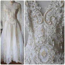 Vtg 80s 90s Beaded Organza High Neck Wedding Gown, S/4, Candlelit Ivory