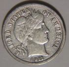 1911 D Barber Dime 10C Cents Coin Silver, VF+!