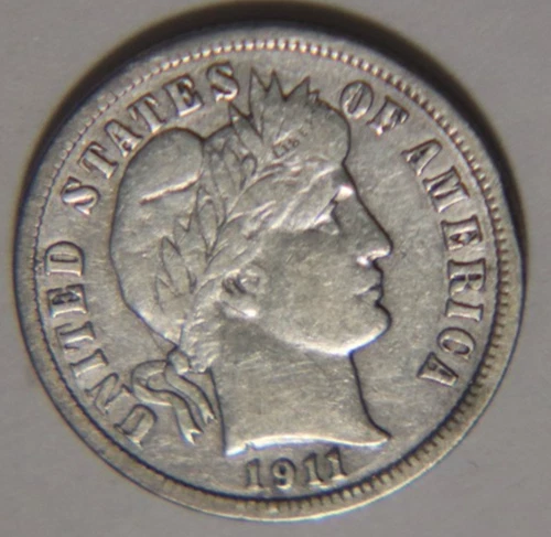 1911 D Barber Dime 10C Cents Coin Silver, VF+!