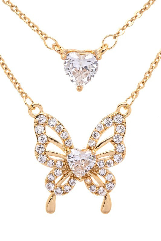 CZ Heart And Butterfly Layer Pendant Necklace