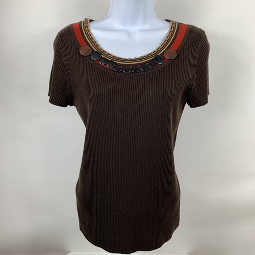 Requirements Sweater Women's Size Medium Beaded Short Sleeve Round Neck Brown - Picture 1 of 7