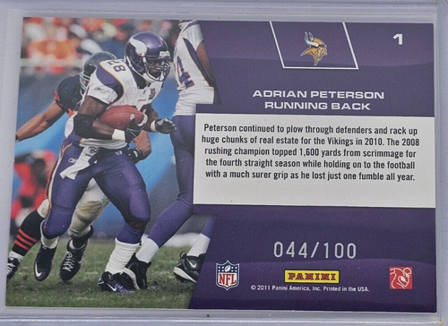 2011 Panini Prestige Prestigious Pros Gold #044/100 Adrian Peterson Minnesota - Picture 2 of 3