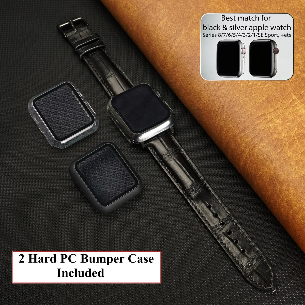 40mm Black Real Alligator Crocodile Leather Apple Watch Band Men 4