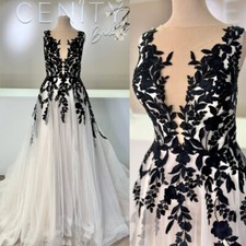 Vintage Gothic White A Line Wedding Dresses with Black Appliques Bridal Gowns