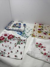 6 Vintage Retro Handkerchiefs Floral Embroidery Roses Pink Blue Yellow Scalloped