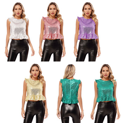 Womens Tops Glitter Peplum Top Ruffle Vest Short Fly Sleeves Mermaid Costume