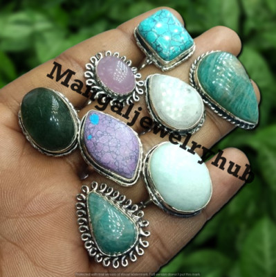 Rose Quartz & Mix Gemstone 10PCS Rings 925 Silver Plated Wholesale Jewelry Lot
