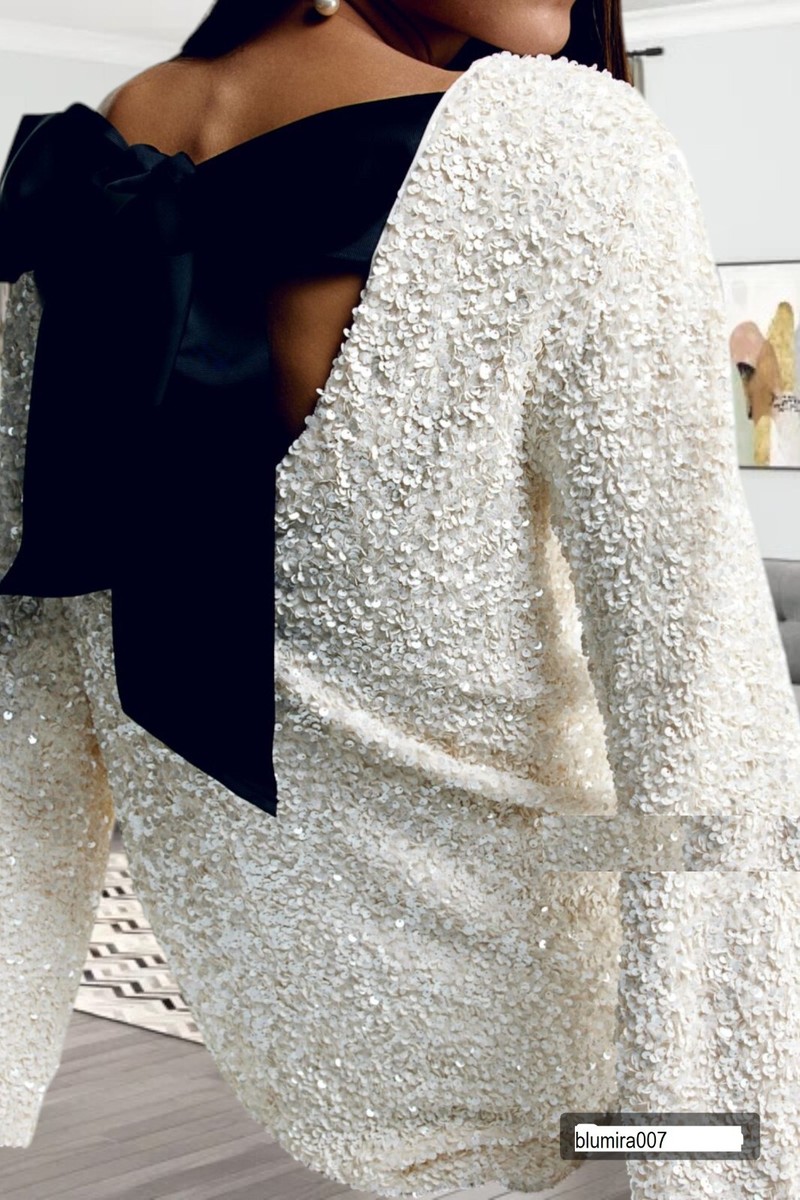 h&m white sequin bow back dress Women's White/Black MAMA Bow-detail sequined dress