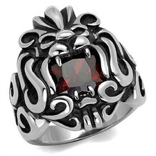 Stainless Steel Lions Lion Head Dark Red CZ R...