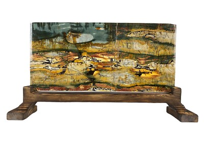 Double-sided Jasper, natural viewing stone, solid wood base Unique color pattern