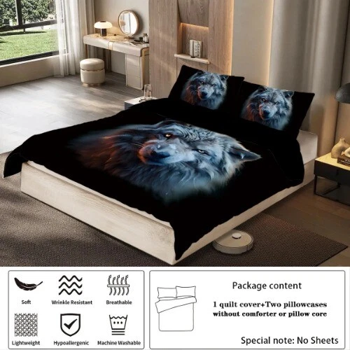 Juego de 3 piezas, juego de cama estampado con patrón de lobo, queen, king, cama doble, dormitorio Foto 4 de 4