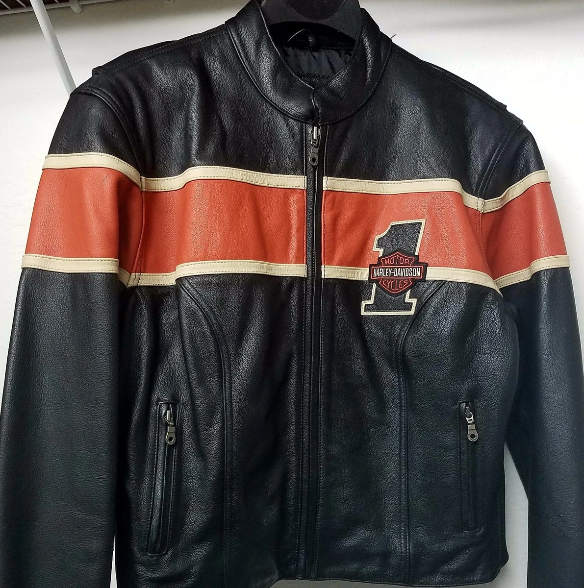 Harley davidson orange shop and black leather jacket