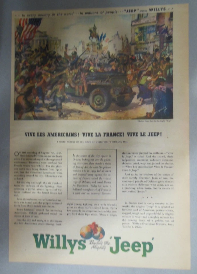 Willys Car Ad: War Time Vive La France Vive La Jeep ! 1945 Size: 11 x 15 inches - Image 2 of 2