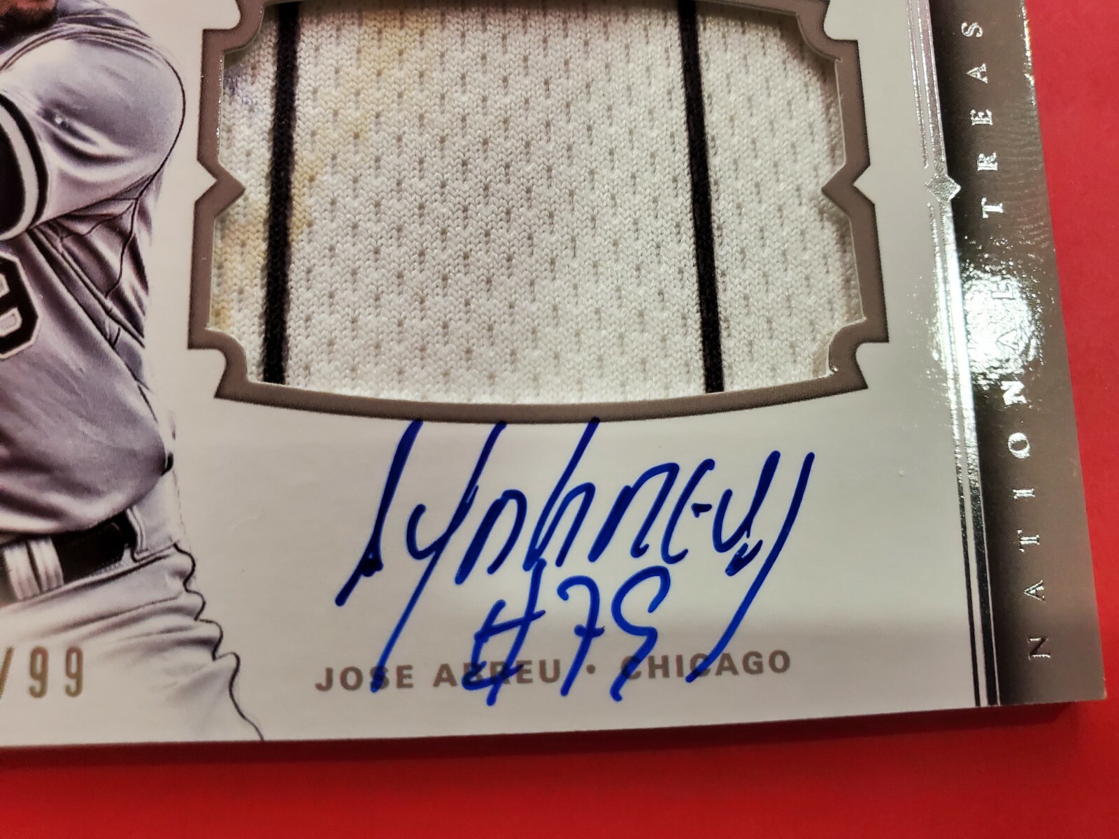 On Card Auto Game Used Jose Abreu 2014 Panini National Treasure /99 Rookie Patch view 3