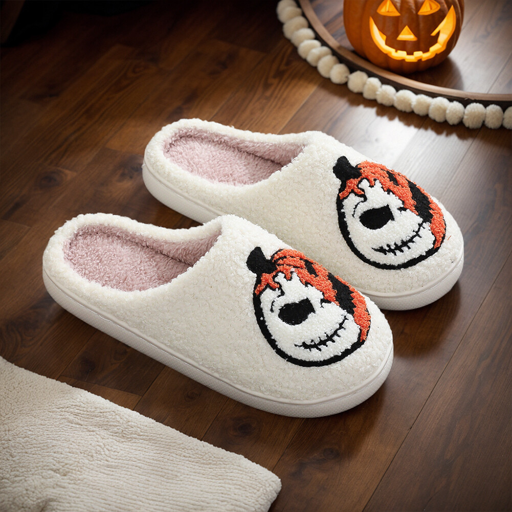 APL Halloween Pumpkin Plush Slippers Closed Toe Slippers Cute Anti Slip for Winter