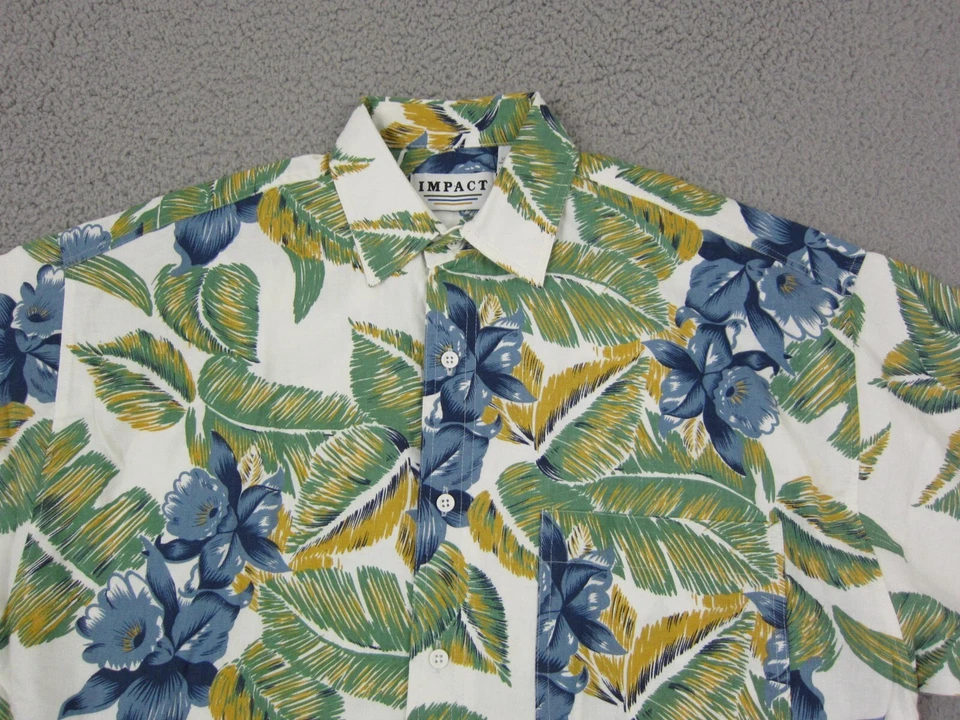 Vintage Impact Shirt Mens Small Green White Floral Tropical Hawaiian Palms 90s - Image 2 of 4