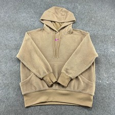 Nike Hoodie Women Small Brown Tan Pullover Sherpa Fleece Center Swoosh Polyester