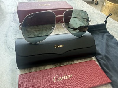 Cartier Aviator Sunglasses Silver Frame Grey Lenses 58-14 CT0110S 017 NEW