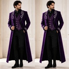 Purple Velvet Men's Suits British Luxury Embroidery Wedding Party Prom Long Coat