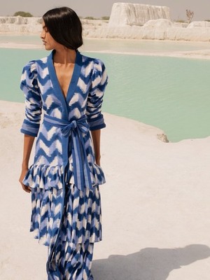 NWT De Castro Lapis Lazuli Dress in Waves Blue Maxi Size Large RV$1000