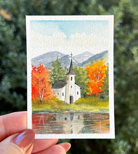 ACEO Original Church Lake Mountains Autumn Trees Landscape SilviasCreativeSpace